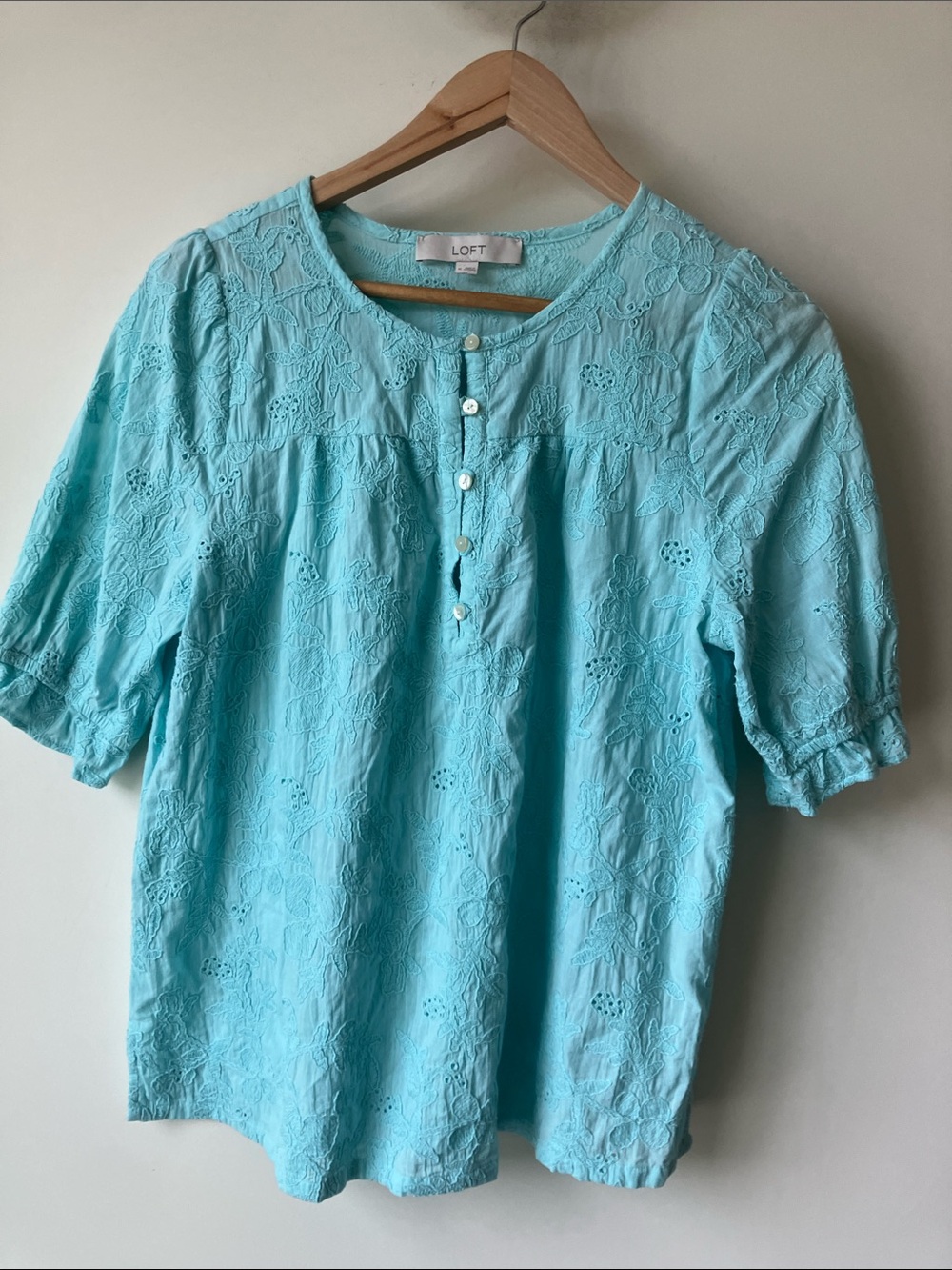 LOFT Feminine Aqua Embroidered Henley Blouse Half Elastic Sleeves Cotton Size M